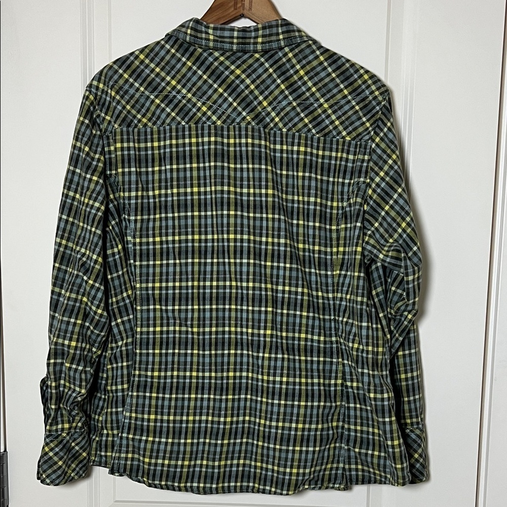 Columbia Women’s Flannel Top 2X Gray Yellow Pearl Snap Long Sleeve Shirt Pocket - Picture 4 of 9